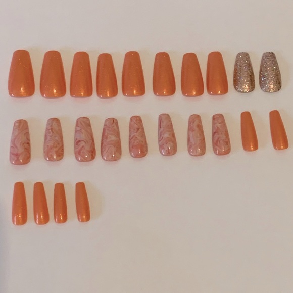 🍒🍒 Orange Marble Accent Glue On Press On Nails - Picture 1 of 7